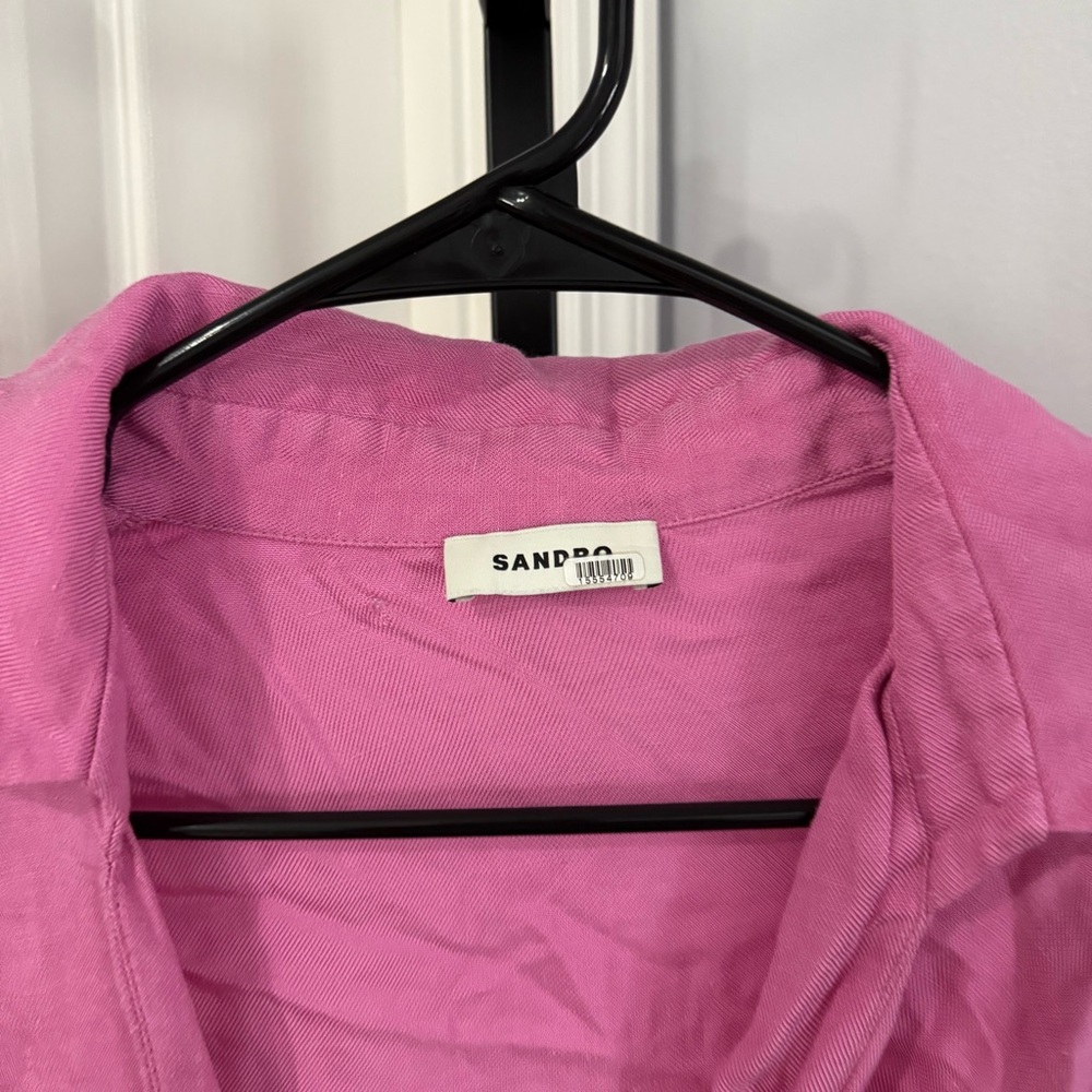 Sandro Elvira Asymmetric Pleated Shirt Dress Pink Plunge Neckline Size 36 - Picture 4 of 10
